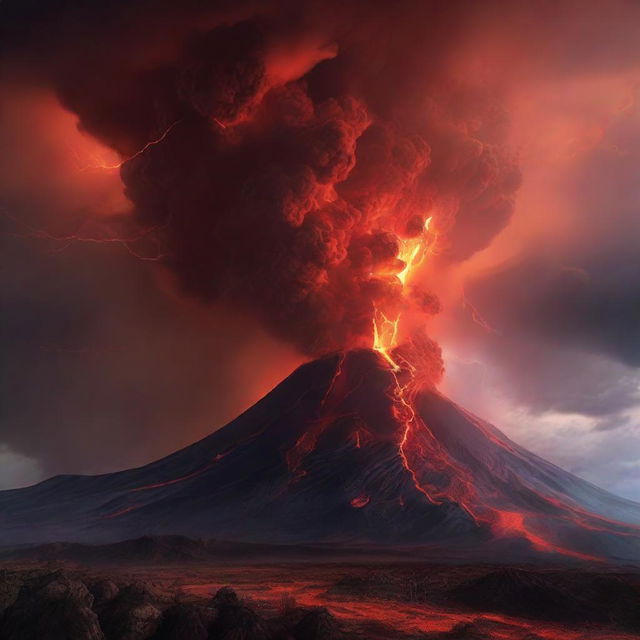 The same colossal, erupting volcano scene but with vibrant, red lightning electrifying the stormy sky, highlighting the chaos of nature's fury.