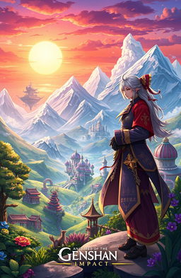 A vibrant fantasy scene inspired by Genshin Impact, illustrating a character from the game journeying across various nations