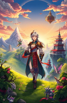 A vibrant fantasy scene inspired by Genshin Impact, illustrating a character from the game journeying across various nations