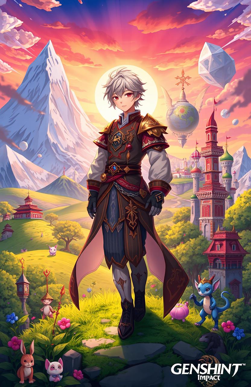 A vibrant fantasy scene inspired by Genshin Impact, illustrating a character from the game journeying across various nations