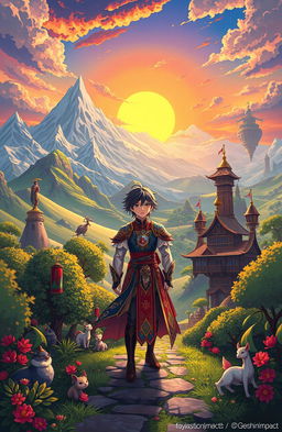 A vibrant fantasy scene inspired by Genshin Impact, illustrating a character from the game journeying across various nations