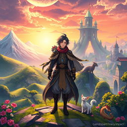 A vibrant fantasy scene inspired by Genshin Impact, illustrating a character from the game journeying across various nations