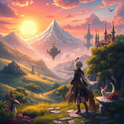 A vibrant fantasy scene inspired by Genshin Impact, illustrating a character from the game journeying across various nations