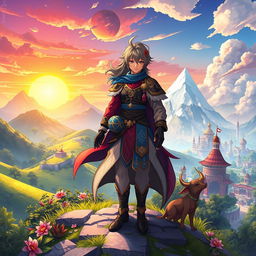 A vibrant fantasy scene inspired by Genshin Impact, illustrating a character from the game journeying across various nations