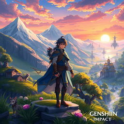 A vibrant fantasy scene inspired by Genshin Impact, illustrating a character from the game journeying across various nations