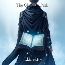 An enchanting anime-style cover page for the fantasy novel titled 'The Obsidian Path' featuring the back of a man, shrouded in elegant dark robes with silver accents