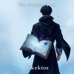 An enchanting anime-style cover page for the fantasy novel titled 'The Obsidian Path' featuring the back of a man, shrouded in elegant dark robes with silver accents