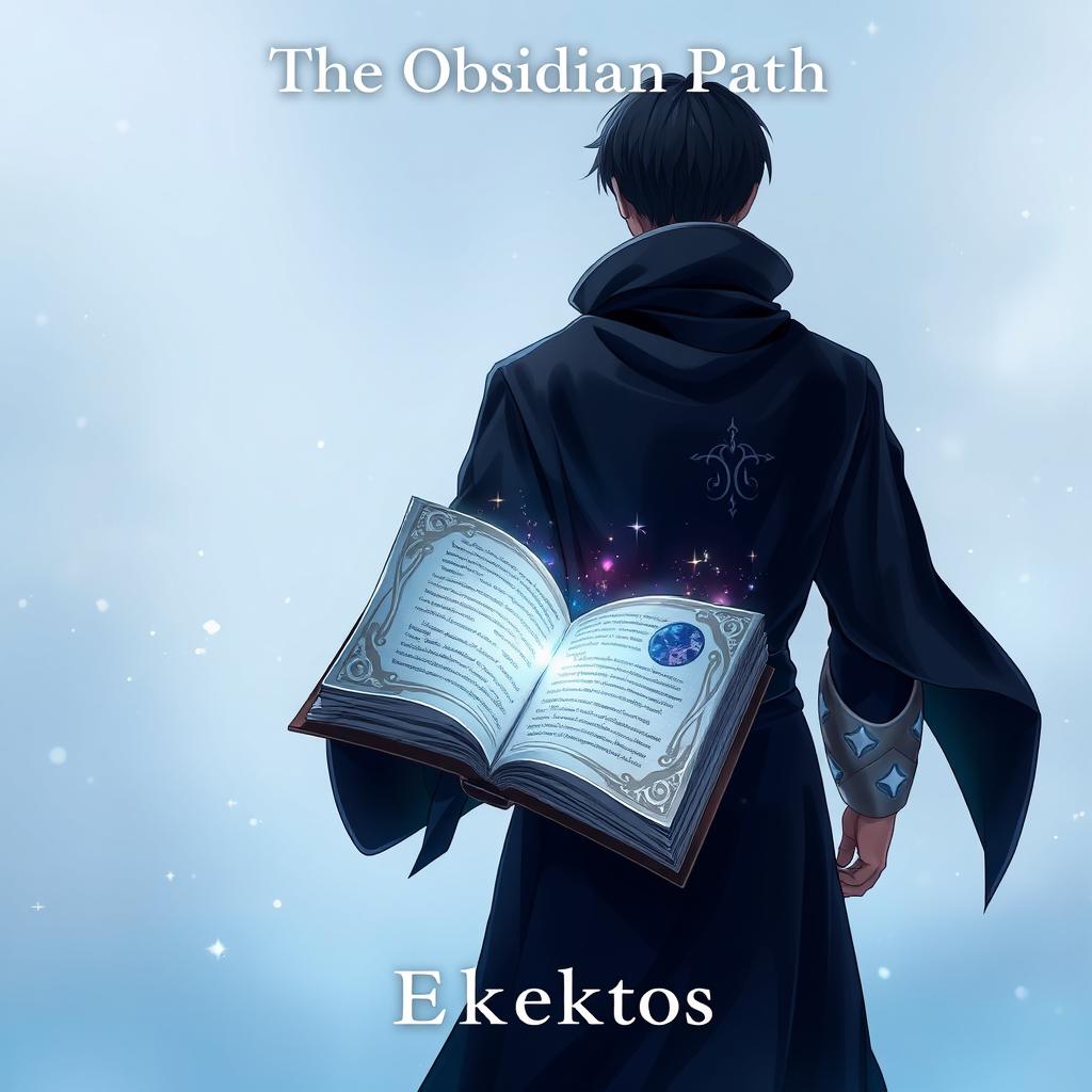 An enchanting anime-style cover page for the fantasy novel titled 'The Obsidian Path' featuring the back of a man, shrouded in elegant dark robes with silver accents