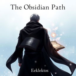 An enchanting anime-style cover page for the fantasy novel titled 'The Obsidian Path' featuring the back of a man, shrouded in elegant dark robes with silver accents