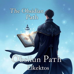 An enchanting anime-style cover page for the fantasy novel titled 'The Obsidian Path' featuring the back of a man, shrouded in elegant dark robes with silver accents