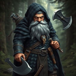 A dwarf with a majestic gray beard and striking blue eyes, cloaked in a black bear-skin-like cape that drapes over his head, covering his hair