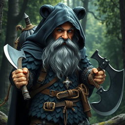 A dwarf with a majestic gray beard and striking blue eyes, cloaked in a black bear-skin-like cape that drapes over his head, covering his hair