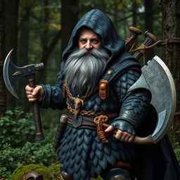 A dwarf with a majestic gray beard and striking blue eyes, cloaked in a black bear-skin-like cape that drapes over his head, covering his hair