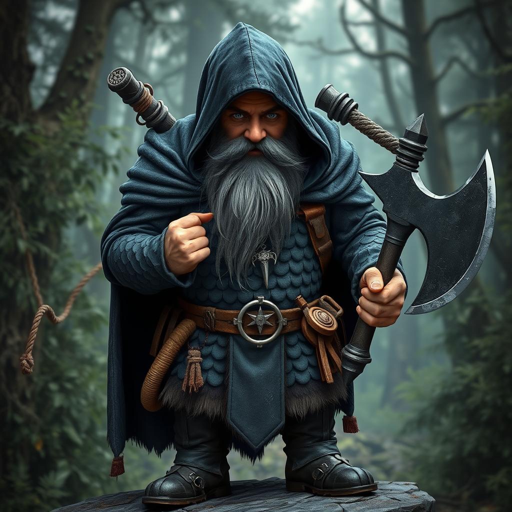 A dwarf with a majestic gray beard and striking blue eyes, cloaked in a black bear-skin-like cape that drapes over his head, covering his hair