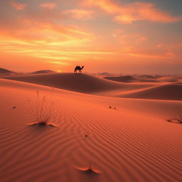 A stunning, expansive landscape of a serene desert at sunset, featuring rolling dunes illuminated by warm hues of orange and pink in the sky