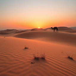 A stunning, expansive landscape of a serene desert at sunset, featuring rolling dunes illuminated by warm hues of orange and pink in the sky