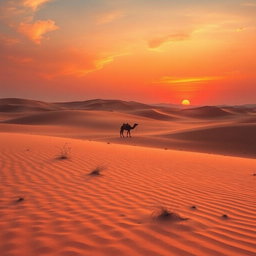 A stunning, expansive landscape of a serene desert at sunset, featuring rolling dunes illuminated by warm hues of orange and pink in the sky