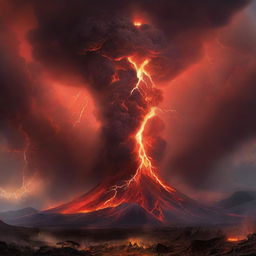 The same colossal, erupting volcano scene but with vibrant, red lightning electrifying the stormy sky, highlighting the chaos of nature's fury.