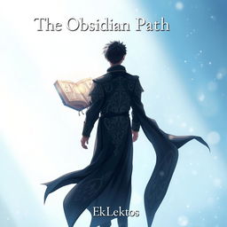 An enchanting anime-style cover page for a fantasy novel titled 'The Obsidian Path' featuring a man viewed from the back, adorned in elegant dark robes with intricate designs
