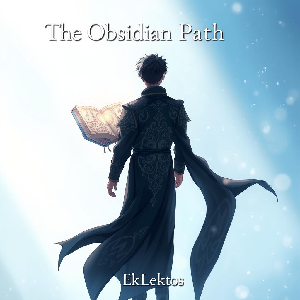 An enchanting anime-style cover page for a fantasy novel titled 'The Obsidian Path' featuring a man viewed from the back, adorned in elegant dark robes with intricate designs