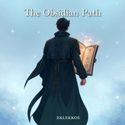 An enchanting anime-style cover page for a fantasy novel titled 'The Obsidian Path' featuring a man viewed from the back, adorned in elegant dark robes with intricate designs