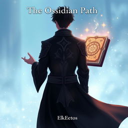 An enchanting anime-style cover page for a fantasy novel titled 'The Obsidian Path' featuring a man viewed from the back, adorned in elegant dark robes with intricate designs
