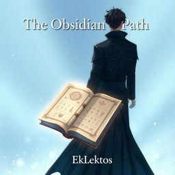 An enchanting anime-style cover page for a fantasy novel titled 'The Obsidian Path' featuring a man viewed from the back, adorned in elegant dark robes with intricate designs