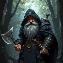 A dwarf with a magnificent gray beard and striking blue eyes, adorned in a black cloak resembling bear skin that covers his hair with a hood