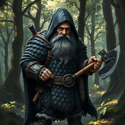 A dwarf with a magnificent gray beard and striking blue eyes, adorned in a black cloak resembling bear skin that covers his hair with a hood