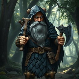 A dwarf with a magnificent gray beard and striking blue eyes, adorned in a black cloak resembling bear skin that covers his hair with a hood