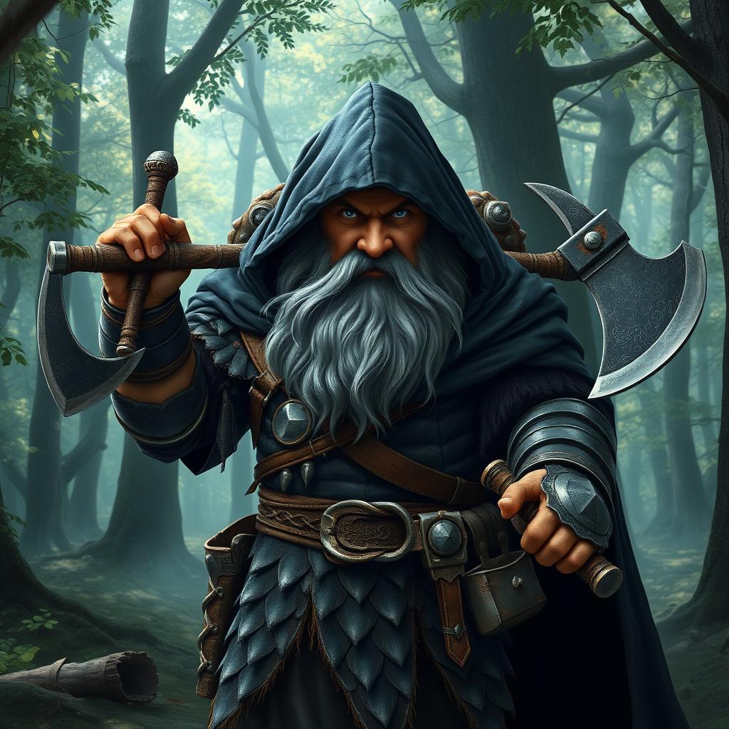 A dwarf with a magnificent gray beard and striking blue eyes, adorned in a black cloak resembling bear skin that covers his hair with a hood
