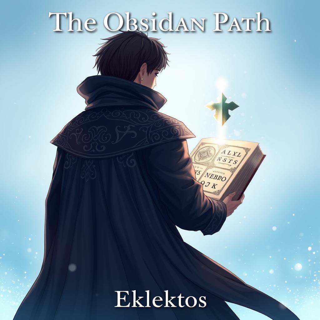An anime-style cover page for the fantasy novel titled 'The Obsidian Path' by Eklektos