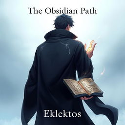 An eye-catching anime-style cover page for the fantasy novel titled 'The Obsidian Path', focusing on a man viewed from the back, clad in a flowing dark robe accented with intricate patterns