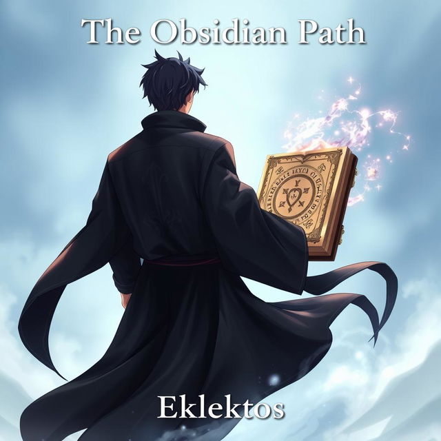 An eye-catching anime-style cover page for the fantasy novel titled 'The Obsidian Path', focusing on a man viewed from the back, clad in a flowing dark robe accented with intricate patterns