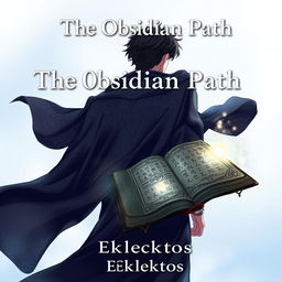 An eye-catching anime-style cover page for the fantasy novel titled 'The Obsidian Path', focusing on a man viewed from the back, clad in a flowing dark robe accented with intricate patterns
