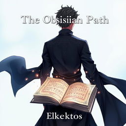 An eye-catching anime-style cover page for the fantasy novel titled 'The Obsidian Path', focusing on a man viewed from the back, clad in a flowing dark robe accented with intricate patterns