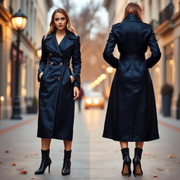 A stylish and elegant coat designed for a fashionable outing, featuring a tailored fit and intricate details such as gold buttons and intricate stitching