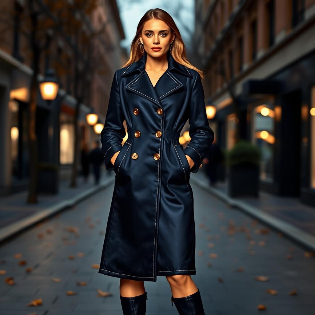 A stylish and elegant coat designed for a fashionable outing, featuring a tailored fit and intricate details such as gold buttons and intricate stitching