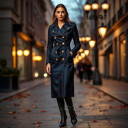 A stylish and elegant coat designed for a fashionable outing, featuring a tailored fit and intricate details such as gold buttons and intricate stitching