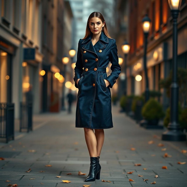 A stylish and elegant coat designed for a fashionable outing, featuring a tailored fit and intricate details such as gold buttons and intricate stitching
