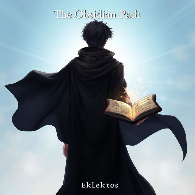 An anime-style cover page for the fantasy novel 'The Obsidian Path', featuring a man viewed from the back, dressed in a flowing dark cloak adorned with intricate symbols