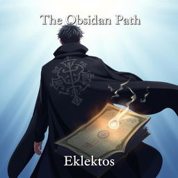 An anime-style cover page for the fantasy novel 'The Obsidian Path', featuring a man viewed from the back, dressed in a flowing dark cloak adorned with intricate symbols