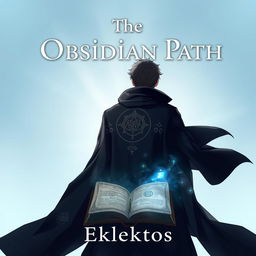 An anime-style cover page for the fantasy novel 'The Obsidian Path', featuring a man viewed from the back, dressed in a flowing dark cloak adorned with intricate symbols