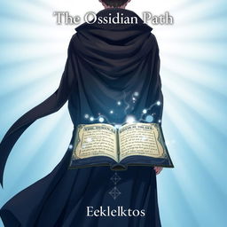 An anime-style cover page for the fantasy novel 'The Obsidian Path', featuring a man viewed from the back, dressed in a flowing dark cloak adorned with intricate symbols