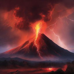 The same colossal, erupting volcano scene but with vibrant, red lightning electrifying the stormy sky, highlighting the chaos of nature's fury.