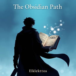 A captivating anime-style cover page for the fantasy novel 'The Obsidian Path', featuring a dark silhouette of a man in a flowing cloak, viewed from the back