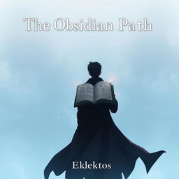 A captivating anime-style cover page for the fantasy novel 'The Obsidian Path', featuring a dark silhouette of a man in a flowing cloak, viewed from the back