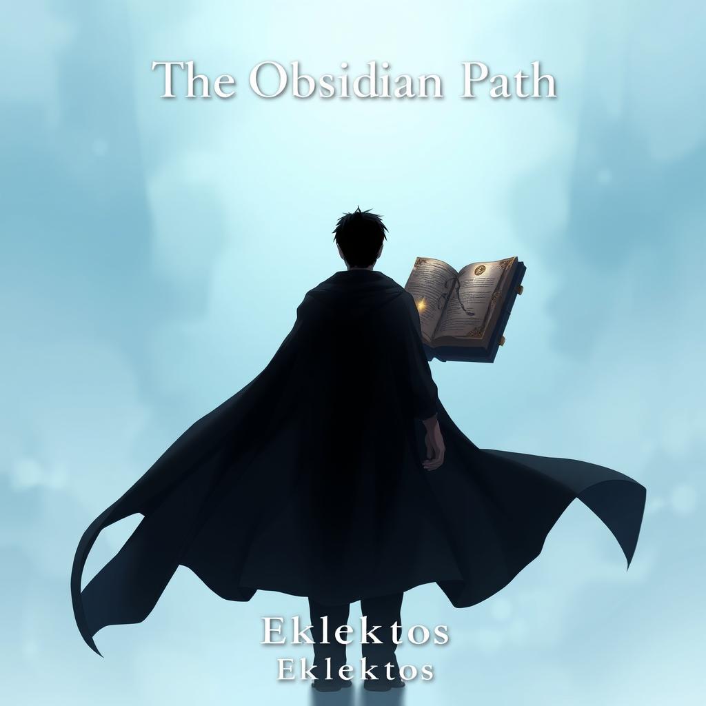 A captivating anime-style cover page for the fantasy novel 'The Obsidian Path', featuring a dark silhouette of a man in a flowing cloak, viewed from the back