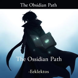 A captivating anime-style cover page for the fantasy novel 'The Obsidian Path', featuring a dark silhouette of a man in a flowing cloak, viewed from the back