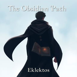 An anime-style cover page for the fantasy novel 'The Obsidian Path', depicting a man viewed from the back, clad in a flowing dark cloak that billows slightly in the wind